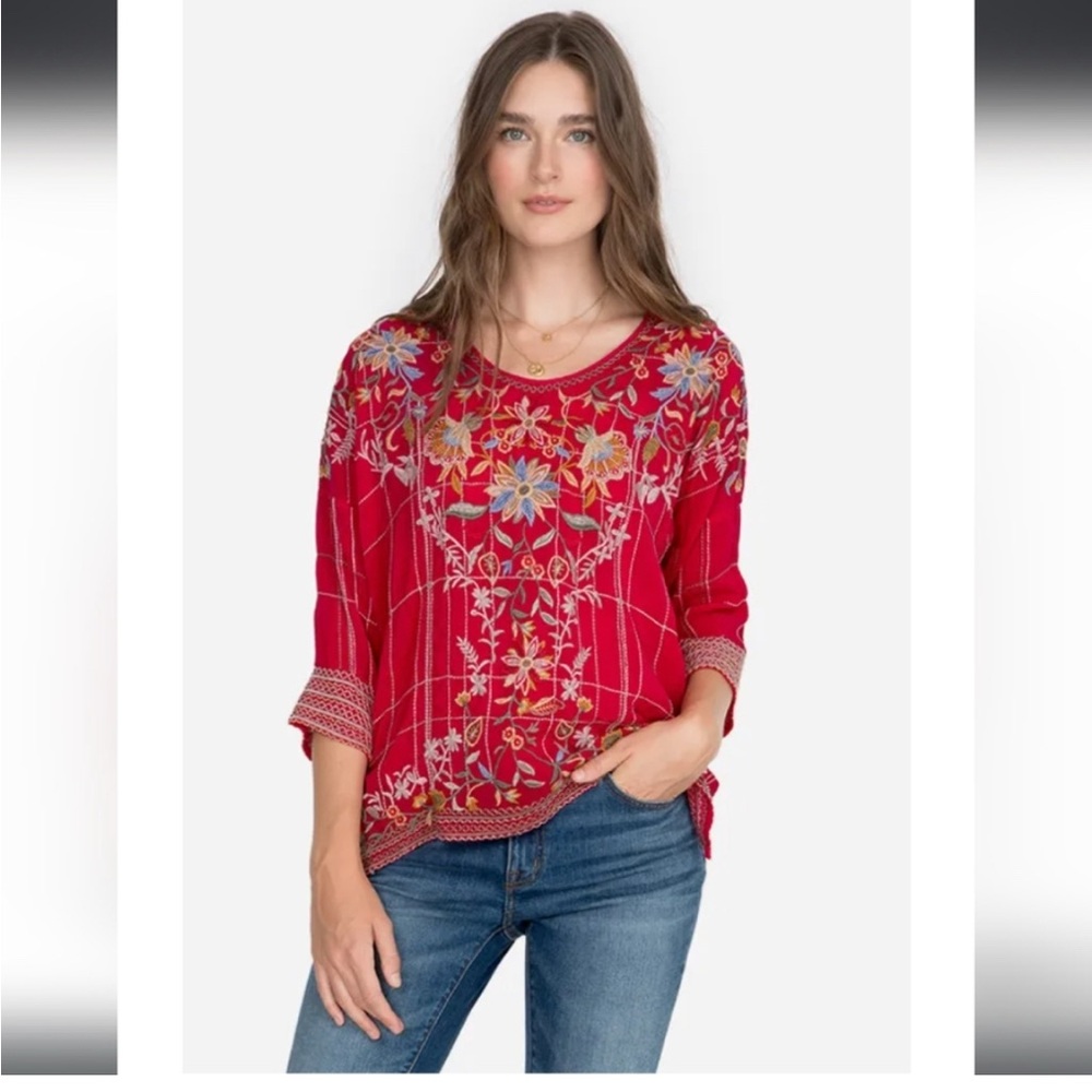 Johnny Was Sienna Blouse with Floral Embroidery Red, Cream, blue